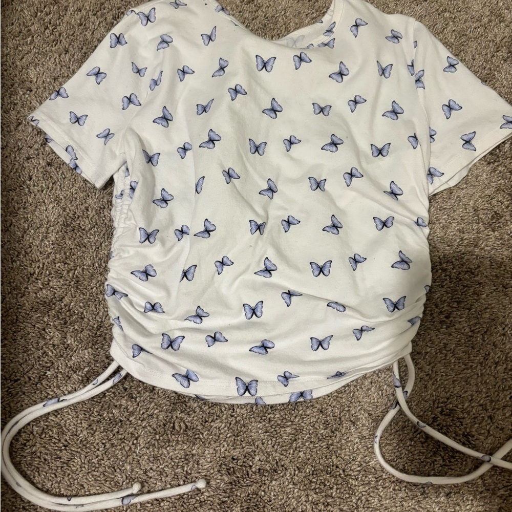 White T-Shirt with Blue Butterfly Print